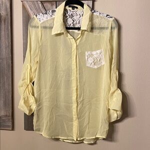 Timing Yellow Sheer Lace Button Down Shirt